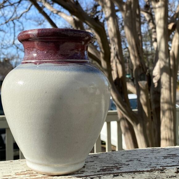 Porcelain Vase Signed Marked KJ Pottery Purple/Red Blue Cream Crazing Vintage - Picture 1 of 13